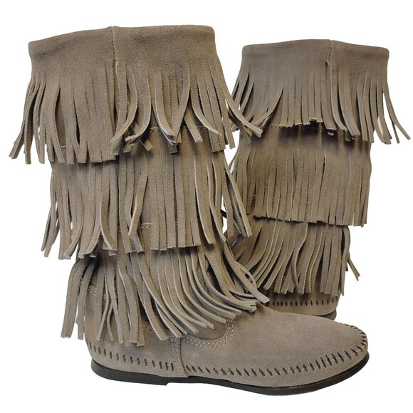 Minnetonka Suede Calf Hi 3-Layer Fringe Moccasin Pocahontas Cowgirl Western Boot - Picture 2 of 11